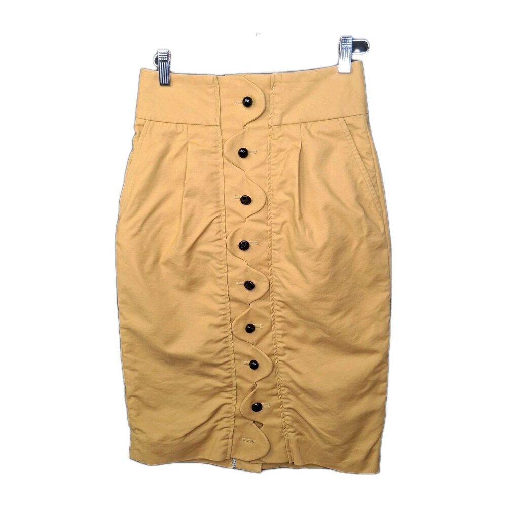 Anthropologie Maeve Ada Button Front Skirt Gold Yellow Pencil Cotton Size 00